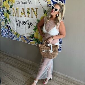 White cupshe swim suit with pearl nude illusion cover up